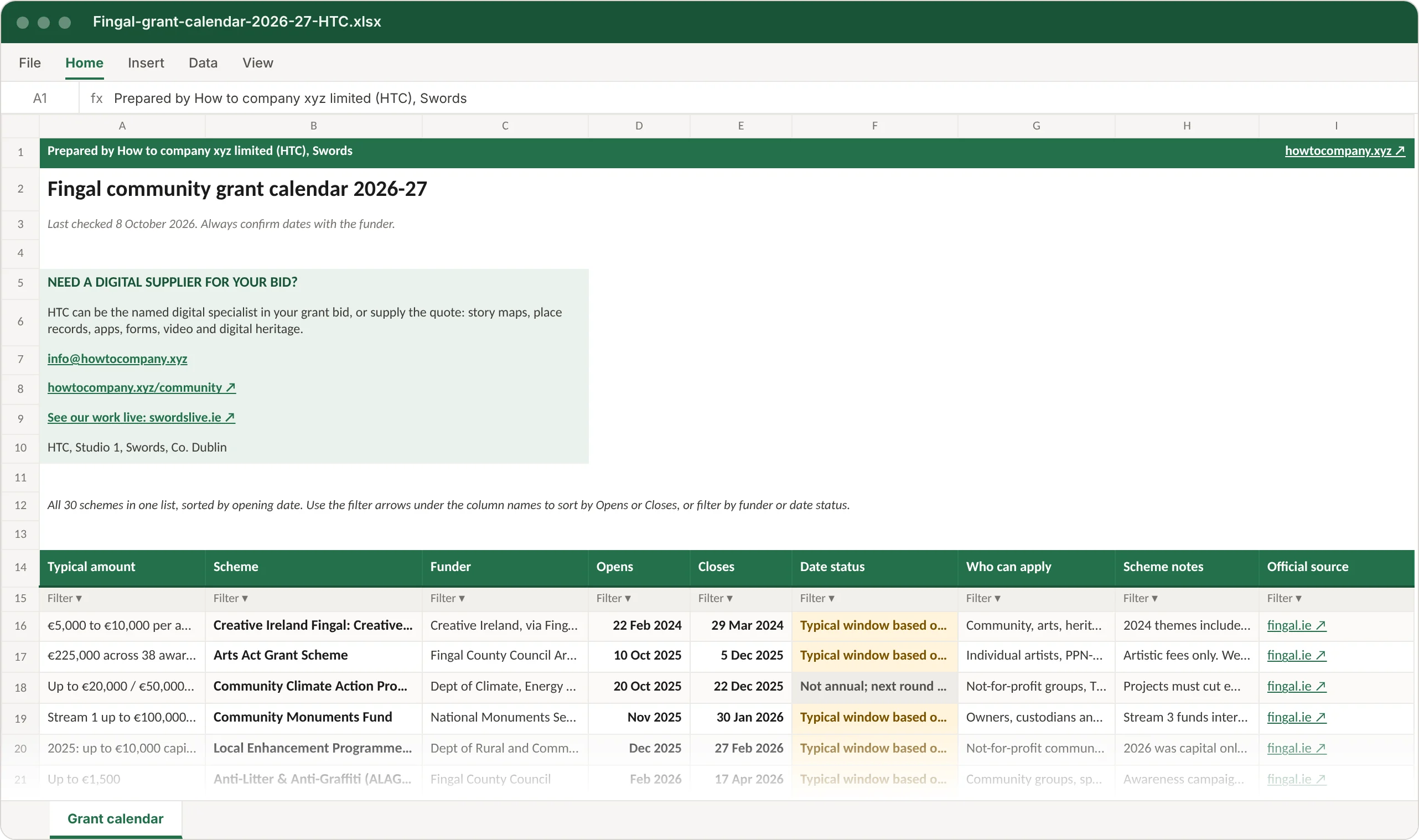 Preview of the Fingal grant calendar spreadsheet: one sheet listing all 30 schemes with amount, funder, opening and closing dates, colour-coded date status and official links