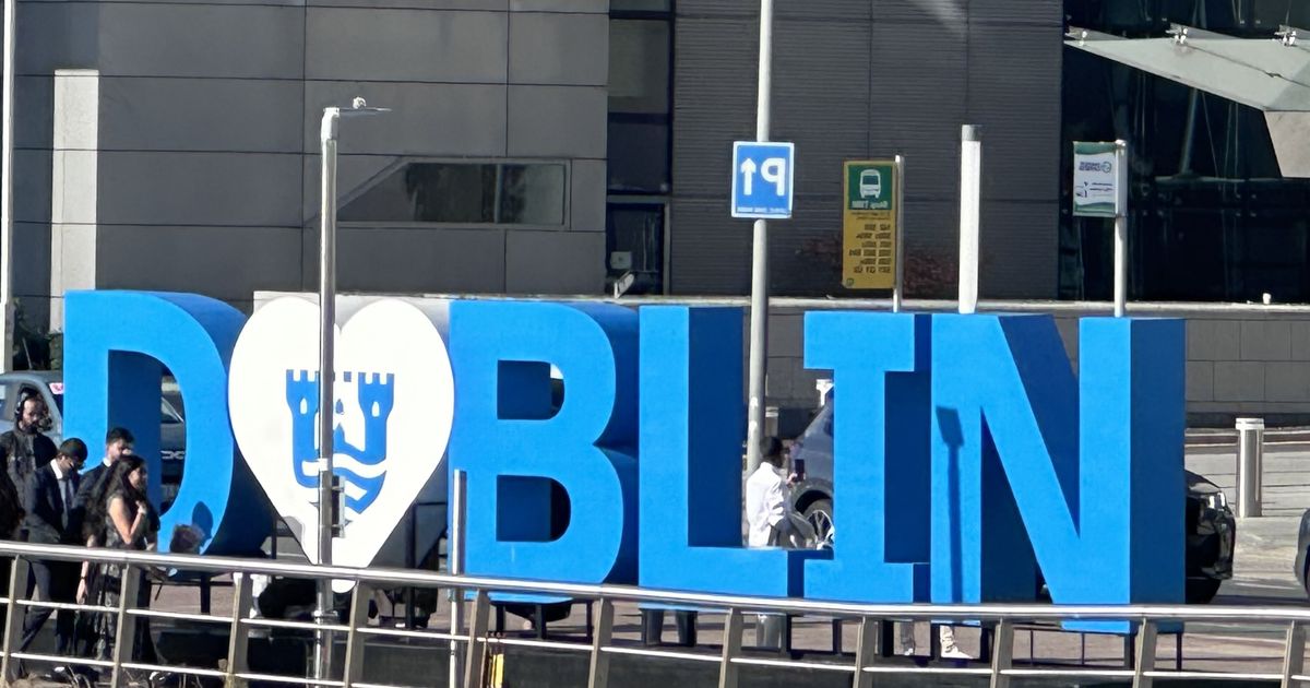 Big blue DUBLIN letters on the quays by the Convention Centre, with a white heart holding the city's three castles