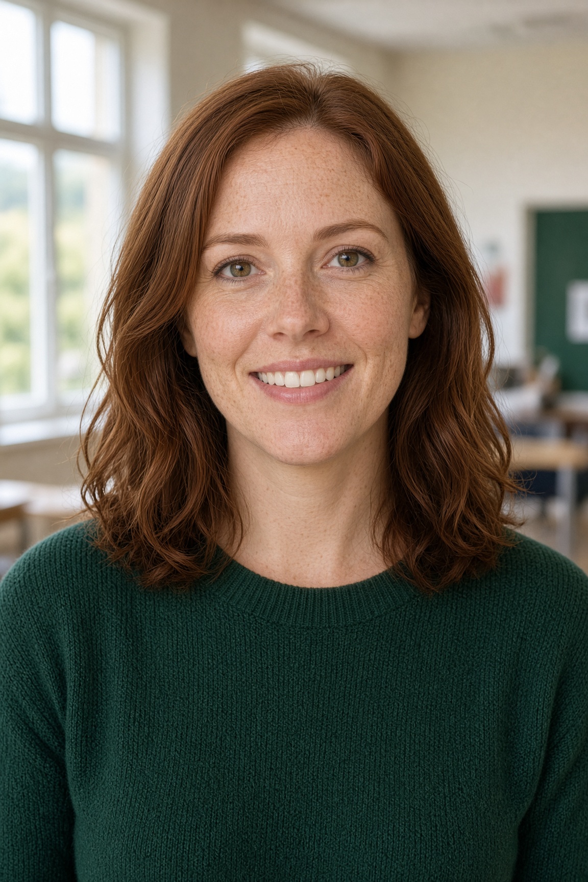 AI-generated portrait of Sam, HTC's AI presenter: an invented woman in her early thirties with auburn hair, freckles and a green jumper